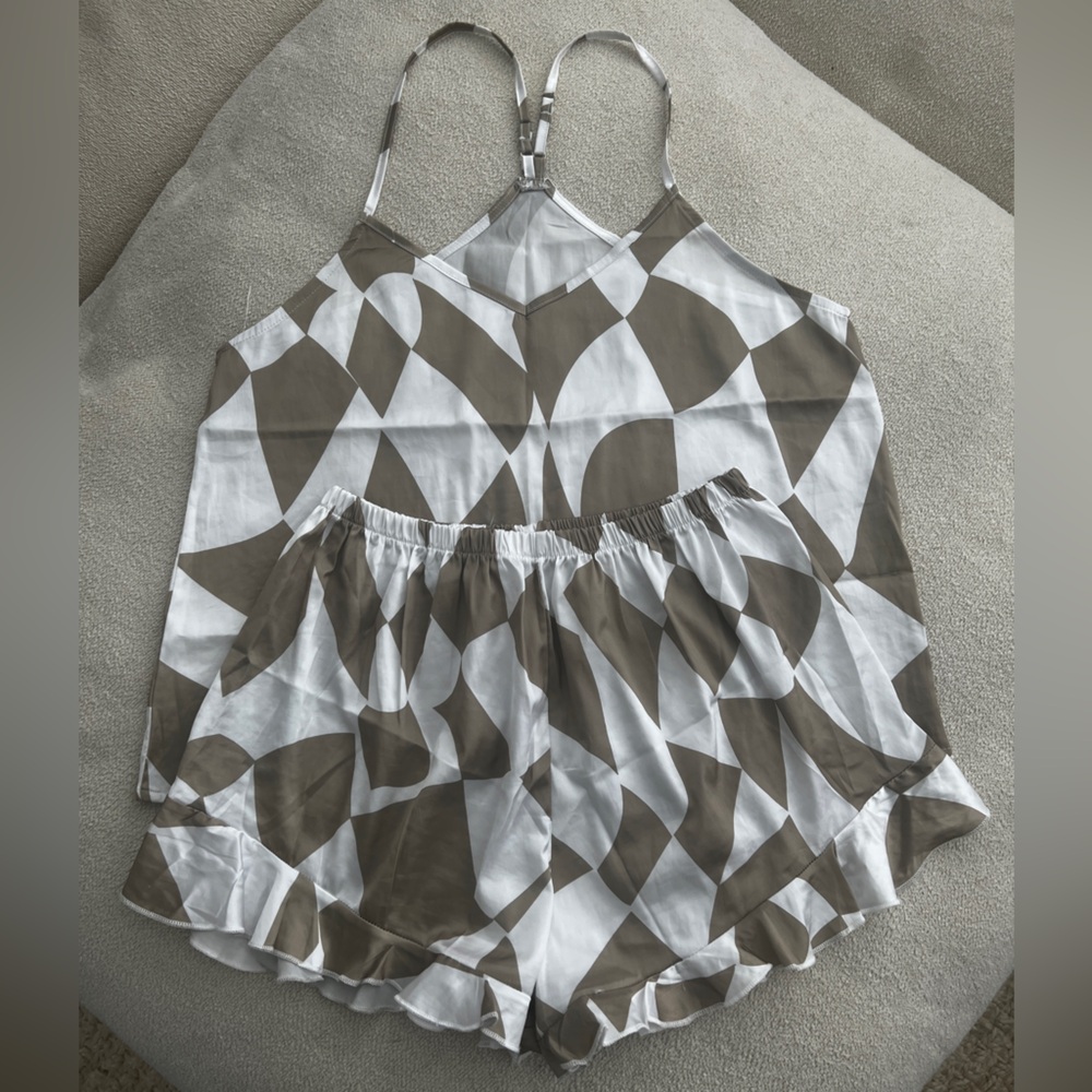 Olive and White Geometric Print Satin PJ Set